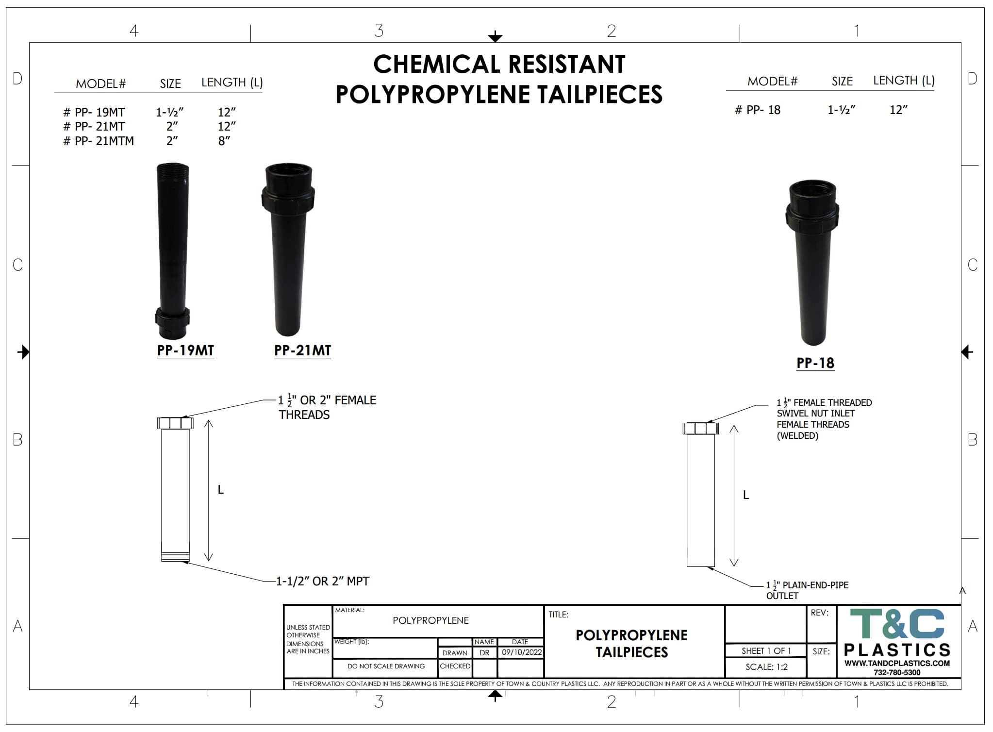 Polypropylene Tailpieces PP-19 PP-16 PP-18 PP-21